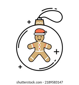 Vector outline illustration of Christmas ball with gingerbread man with Santa's hat. Icon for Christmas decorations, tags, packaging.