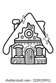 Vector outline illustration with Christmas gingerbread house isolated on a white background. Coloring page for the design of a New Year's book.
