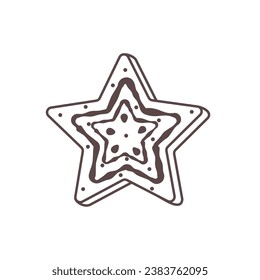 Vector outline illustration of Christmas gingerbread star. Sweet festive cookies with glaze and decorations. Isolated element