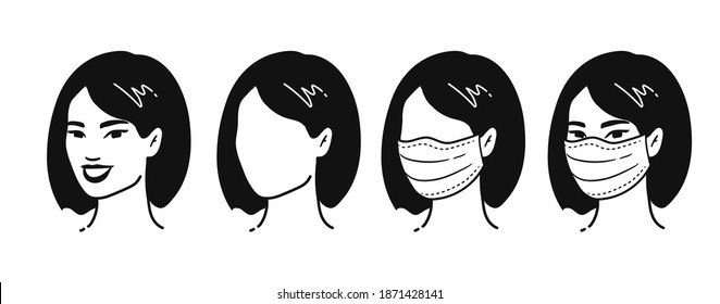 Vector outline illustration collection of female portrait user picture wearing protection medical mask isolated on white background. Coronavirus quarantine set.