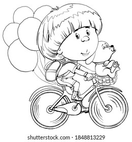 Vector. Outline illustration for coloring. A funny boy rides a bike with his dog. There are balloons behind.