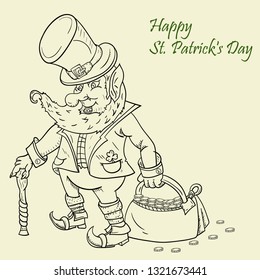 vector outline illustration coloring on the theme of St. Patricks day celebration, leprechaun with a cane holding a bag of gold coins