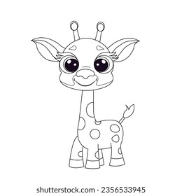 Vector outline illustration, coloring page, digital sketch. Cute funny baby giraffe with big eyes.