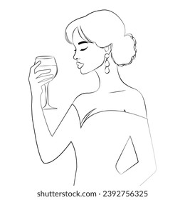 Vector outline illustration, coloring page of a young sexy woman in a dress with bare shoulders holds a glass of wine in her hand.
