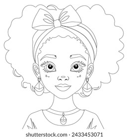 Ilustración de contorno vectorial, página para colorear de una encantadora chica africana con el pelo rizado y una diadema.
