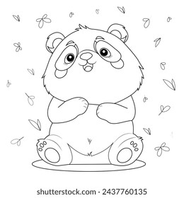 
Vector outline illustration, coloring page of a cute cartoon panda watching falling spring leaves and petals.