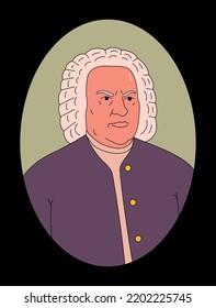 Vector outline illustration of composer and musician  Johann Sebastian Bach. Black background.