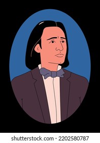 Vector outline illustration of composer and musician Franz Liszt. Hungarian-German pianist, conductor, publicist, teacher, major representative of musical romanticism. Black background.