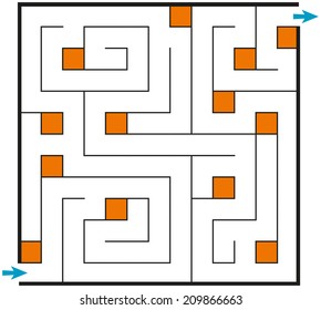 Vector outline illustration. Confused square maze drawn black lines on white backdrop