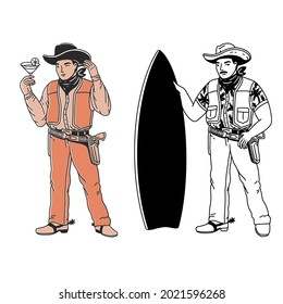 Vector outline illustration of the cowboy and surfboard and drink. Male character design