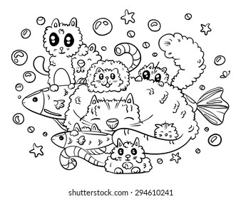 Vector outline Illustration of cute cats and fish isolated on white.
