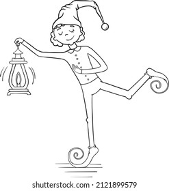 Vector outline illustration of cute gnome with a flashlight, cap on his head, coloring book for everyone