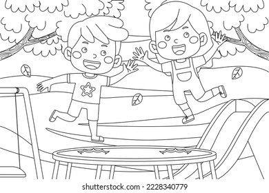 Vector outline illustration of cute kids activity for coloring book