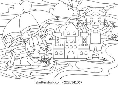 Vector outline illustration of cute kids holiday for coloring book