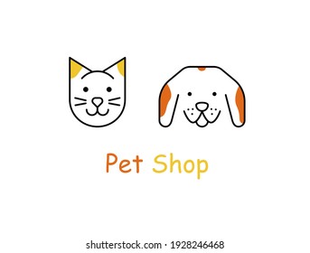 Vector outline illustration of cute muzzle of cat and smiling dog. Logo icon design template. Trendy concept for pet shop or veterinary.