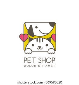 Vector outline illustration of cute muzzle of cat and smiling dog. Logo icon design template. Square shape label. Trendy concept for pet shop or veterinary. 