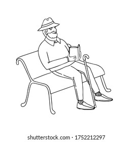 Vector outline illustration of cute old man sitting on a park bench reading a book. Isolated on white background