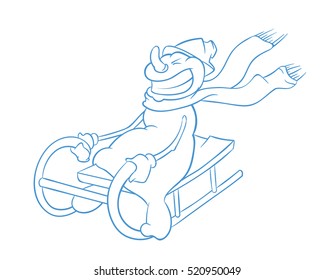vector outline illustration of cute snowman with red scarf sledding. Christmas character isolate on white background