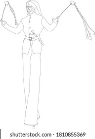 Vector outline illustration depicting an actor-juggler on stilts.