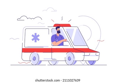 Ilustración del contorno vectorial que representa la conducción paramédica de un vehículo de ambulancia. Trazo editable.