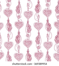 vector outline illustration, design element, seamless pattern, heart, feather, pendant, floral ornament