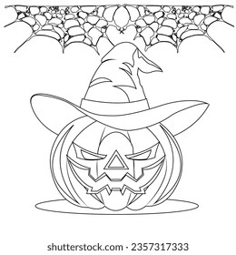Vector outline illustration, developing coloring page, digital sketch. Creepy spider web and scary jack o lantern pumpkin in traditional halloween hat on isolated white background.
