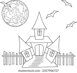 Vector outline illustration, developing coloring page, digital sketch. Lonely abandoned old house with a fence on an isolated white background. Mystical Halloween night.

