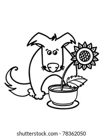 vector outline illustration -  dog looking at sunflower