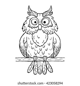 Vector outline illustration with doodle owl. Black line print of cute owl on tree branch. Cartoon owl. On white isolated background. Great for coloring book.