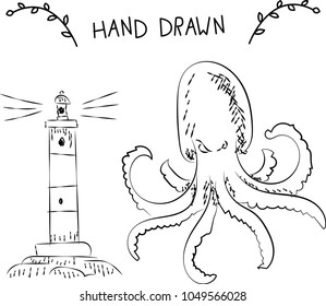 vector outline illustration drawn by hand in black lines on white. lighthouse and octopus
