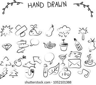 vector outline illustration drawn by hand in black lines on white. icon set.