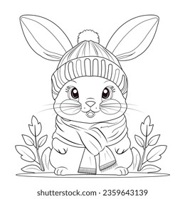 Vector outline illustration, educational coloring page of a funny happy cartoon bunny wearing a hat and scarf on an isolated white background.
