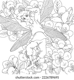 Vector outline illustration with a fairy on a background of apple flowers. Coloring book with contour sketch of a winged elf in the spring almond blossom.