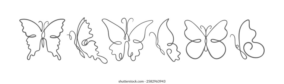 vector outline illustration features a set of butterfly silhouettes, including Danaus plexippus, Graphium sarpedon, and Swallowtail. Ideal for various design projects, showcasing elegance and