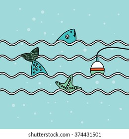 Vector outline illustration of fish and float and starfish. Fishing trip