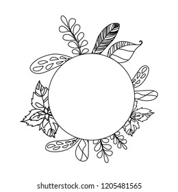 Vector outline illustration, floral wreath layout with a blank space inside for your text or lettering. Doodle monochrome style.