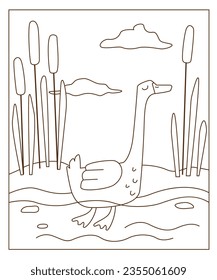 Vector outline illustration fot kids coloring book. Cute cartoon line art goose floating in water along the coast with reeds.