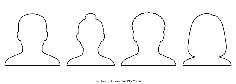 Vector outline illustration of four diverse human head avatars, representing different genders and hairstyles, ideal for profile icons. Set of four black outline avatars