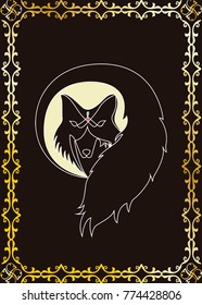 Vector outline illustration of a fox in the night, with the moon behind it and a golden frame