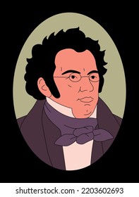 Vector outline illustration of Franz Peter Schubert. Austrian composer of the late Classical and early Romantic eras.