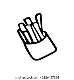 Ilustración del contorno vectorial de las patatas fritas en un envase aislado en un fondo blanco