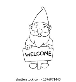 Vector outline illustration of garden gnome stands with a pointer welcome. Cute fairytale character