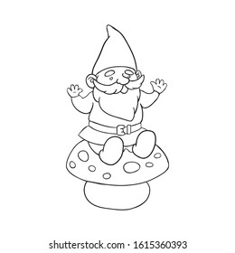 Vector outline illustration of garden gnome sitting on a mushroom. Cute fairy tale character