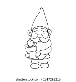 Vector outline illustration of garden gnome with a flower in a pot. Cute fairytale character