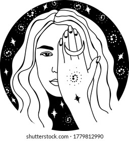 Vector outline illustration with girl, women. Magic girl's face with a hand, space, fortune telling.