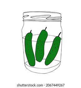 A Vector outline illustration of a group green pickled cucumbers in a glass jar isolated on a white background