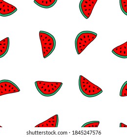 Vector outline illustration of group of slice fresh red and green watermelon with black seeds isolated on a white background. Seamless pattern
