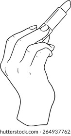 Ilustração em contorno vetorial de uma mão segurando um batom. Perfeito para beleza, maquiagem, moda ou projetos relacionados à cosmética. Linhagem simples e elegante para páginas de marcas, anúncios ou colorir.