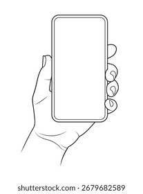 Vektorgrafik einer Hand, die ein Smartphone mit einem leeren Bildschirm hält. Minimale Handy-Modell-Vorlage für App-Präsentation, UI UX-Design, Technologie-Konzept.