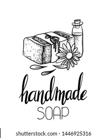 Vector outline illustration of handmade soap with calendula flower, petal, bottle of oil and lettering. Card with calligraphy. Hand drawn drawing with hatching for cards, recipes and your creativity.